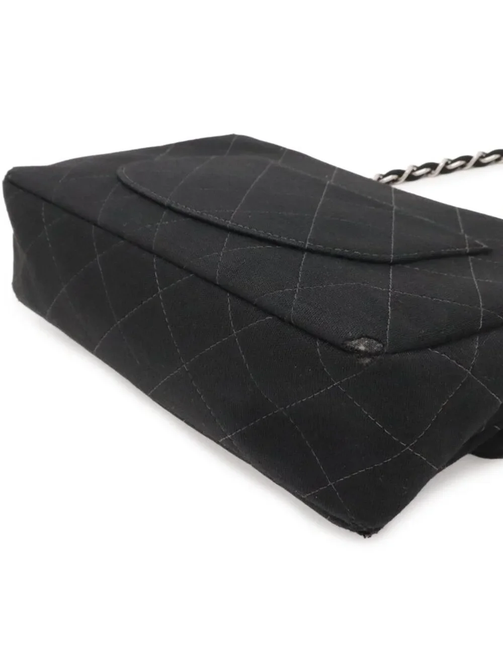 Chanel Quilted CC Logo Chain Shoulder Bag Cotton Jersey Leather Black Silver